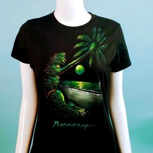 Beautiful Hand Painted Size XL Fitted Black Ladies Tropical Design Tee NWT